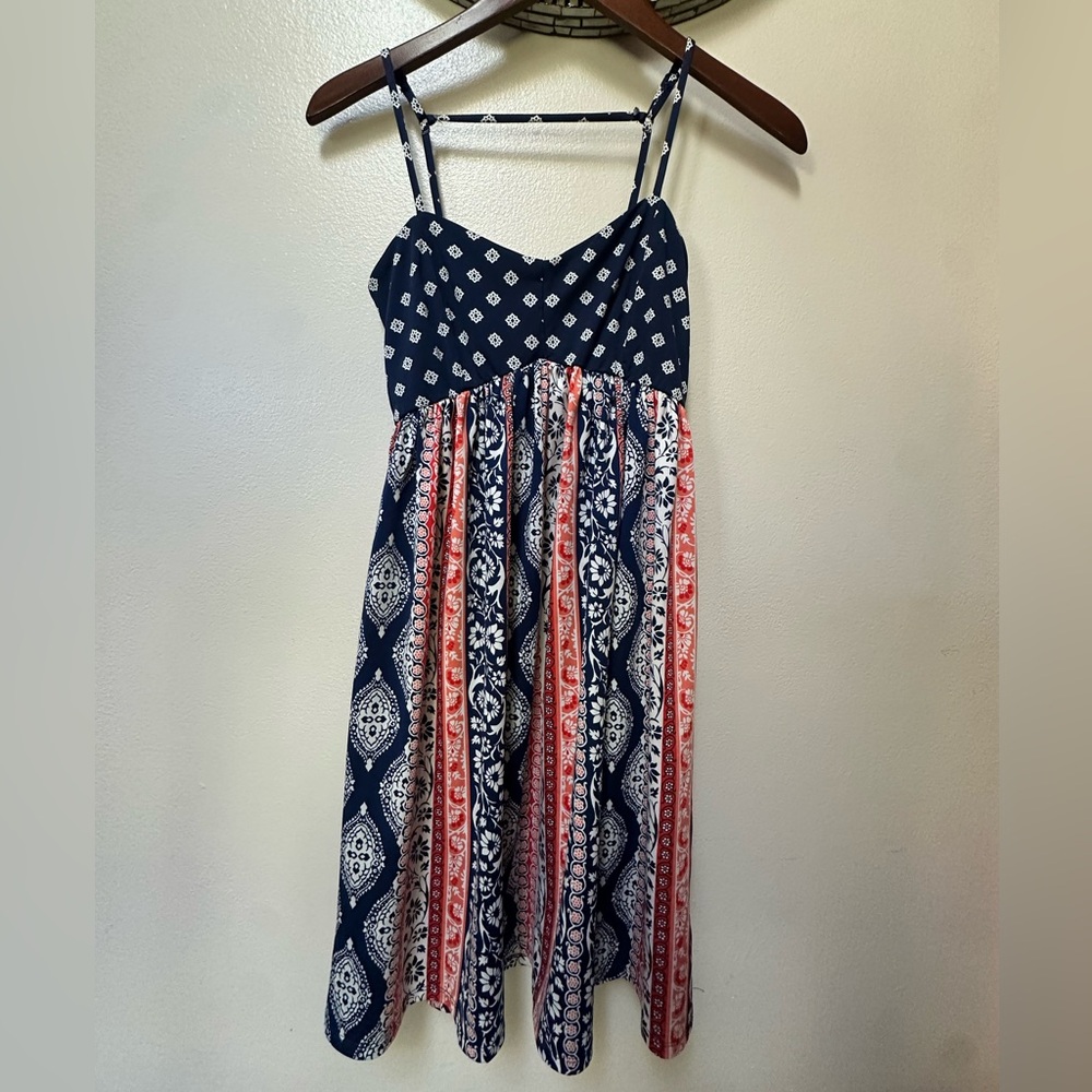 Navy & Coral Patterned Spaghetti Strap Dress